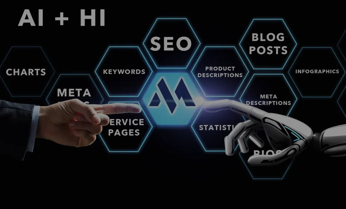 Human marketing strategist using AI tools with Merkley Marketing Group branding