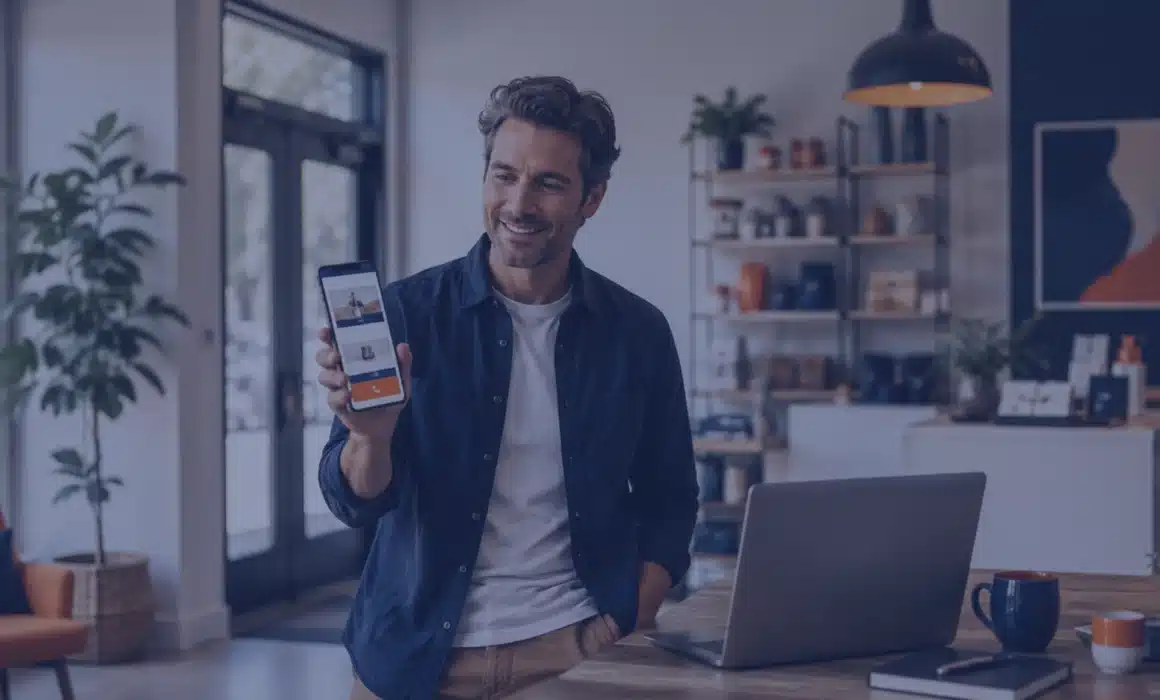 Local business owner reviewing a mobile-first website on a smartphone