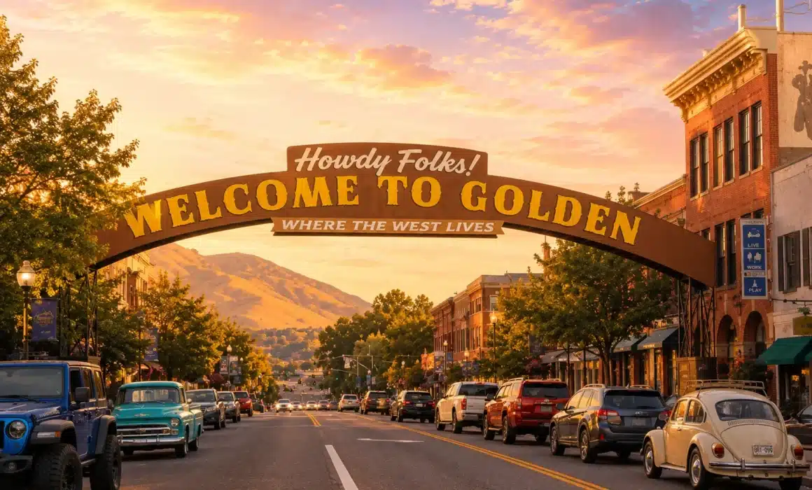 Historic downtown Golden, Colorado at golden hour beneath the Welcome to Golden arch