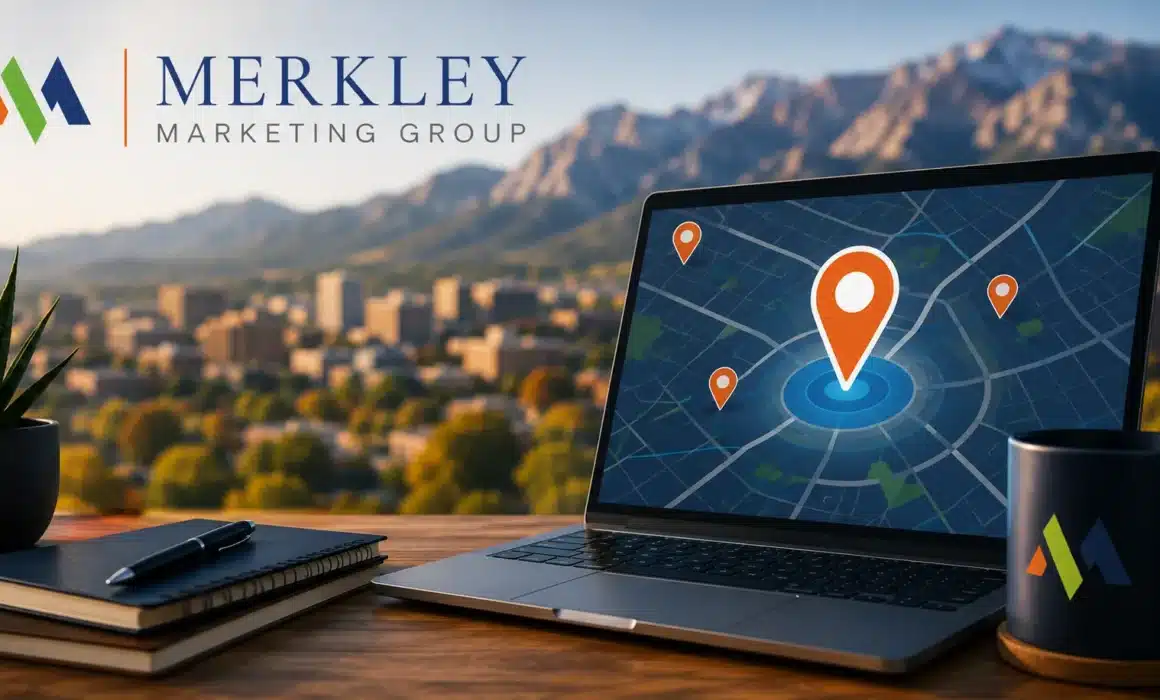 Modern local SEO workspace with website optimization, map location markers, and Merkley Marketing Group branding.